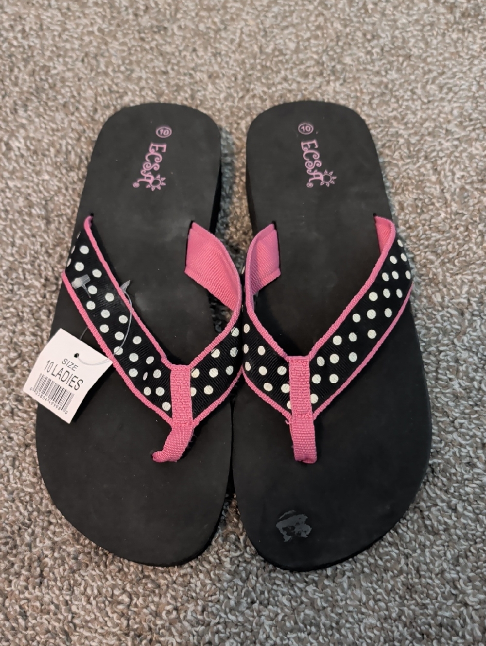 NWT Black Flip Flops with Pink Polka Dot Straps